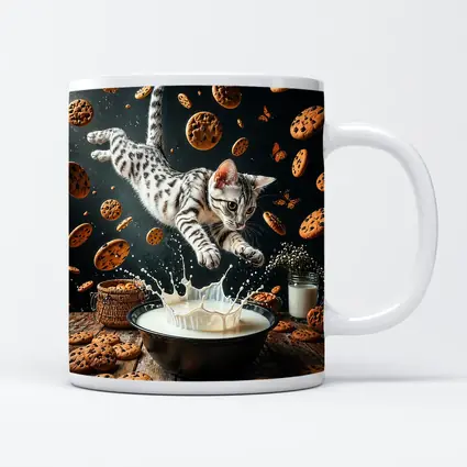 Egyptian Mau Cat Leaping Into Milk Bowl