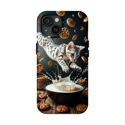 Egyptian Mau Cat Leaping Into Milk Bowl