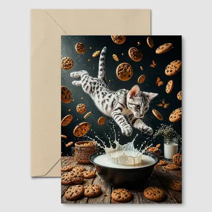 Egyptian Mau Cat Leaping Into Milk Bowl