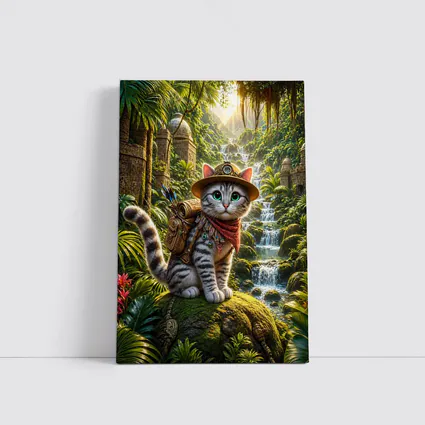 Explorer Cat Adventure Jungle Waterfall Ancient Ruins