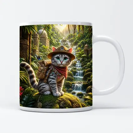 Explorer Cat Adventure Jungle Waterfall Ancient Ruins