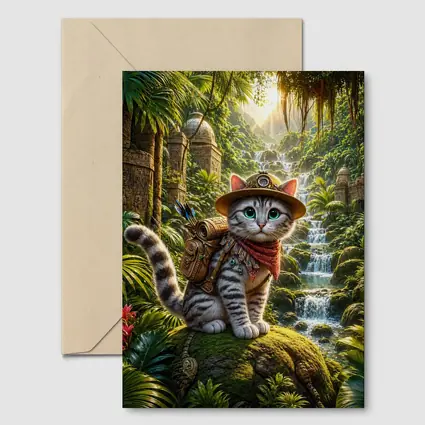 Explorer Cat Adventure Jungle Waterfall Ancient Ruins