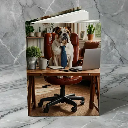 English Bulldog Boss Wearing Tie Home Office