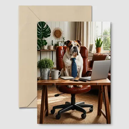 English Bulldog Boss Wearing Tie Home Office