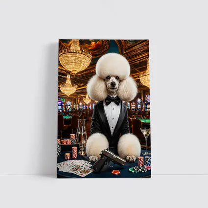 White Poodle Tuxedo Casino Spy Scene