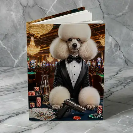 White Poodle Tuxedo Casino Spy Scene