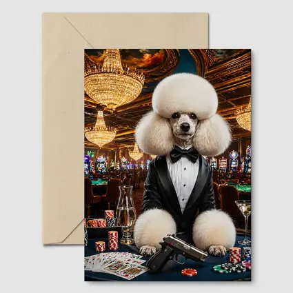 White Poodle Tuxedo Casino Spy Scene