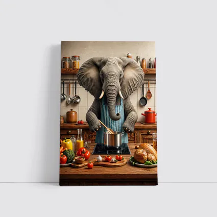 Elephant Chef Cooking in Rustic Kitchen