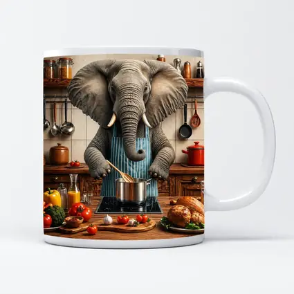 Elephant Chef Cooking in Rustic Kitchen