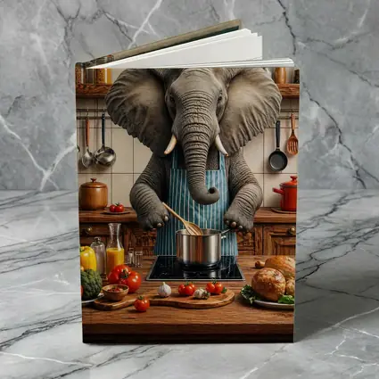 Elephant Chef Cooking in Rustic Kitchen