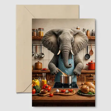 Elephant Chef Cooking in Rustic Kitchen