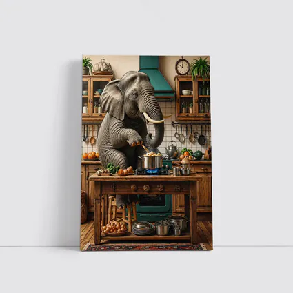 Elephant Cooking Dinner in Rustic Kitchen