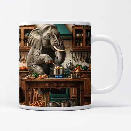 Elephant Cooking Dinner in Rustic Kitchen