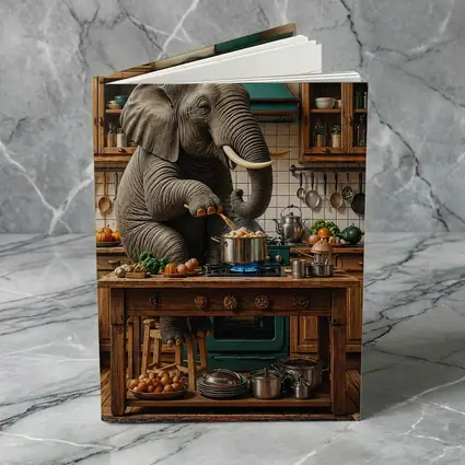 Elephant Cooking Dinner in Rustic Kitchen