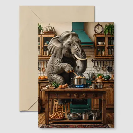Elephant Cooking Dinner in Rustic Kitchen