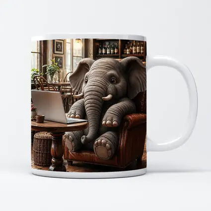 Elephant Working on Laptop in Cozy Cafe