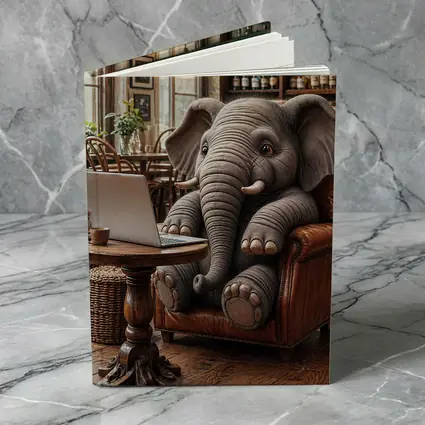 Elephant Working on Laptop in Cozy Cafe