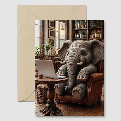 Elephant Working on Laptop in Cozy Cafe