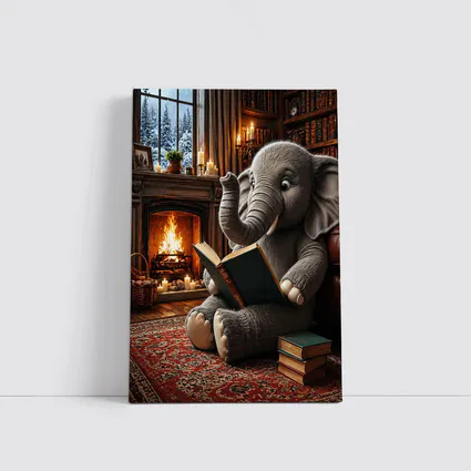 Elephant Reading Book By Cozy Fireplace