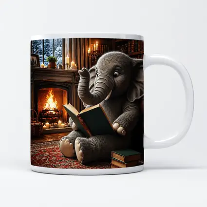 Elephant Reading Book By Cozy Fireplace