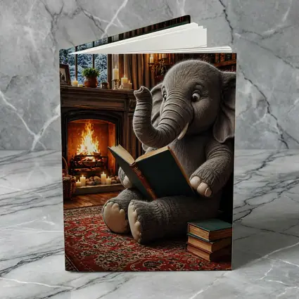 Elephant Reading Book By Cozy Fireplace