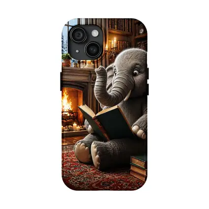 Elephant Reading Book By Cozy Fireplace