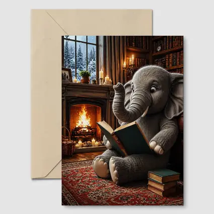 Elephant Reading Book By Cozy Fireplace