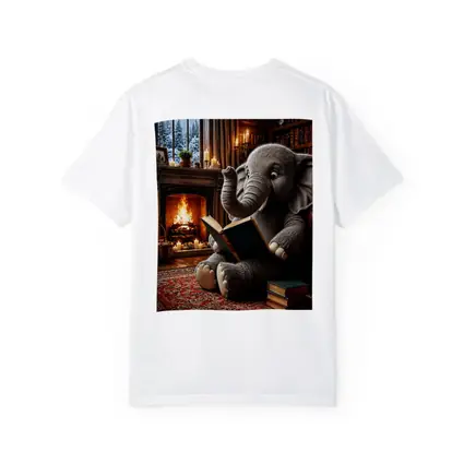 Elephant Reading Book By Cozy Fireplace