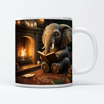 Elephant Reading Book By Cozy Fireplace