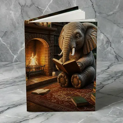 Elephant Reading Book By Cozy Fireplace
