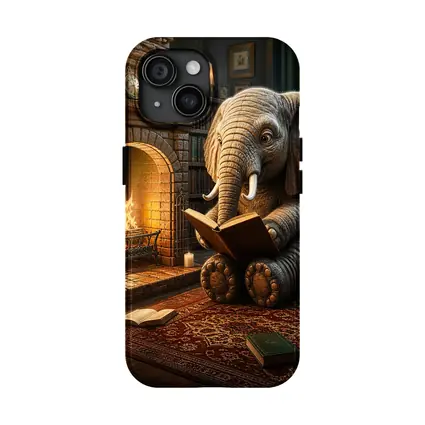 Elephant Reading Book By Cozy Fireplace