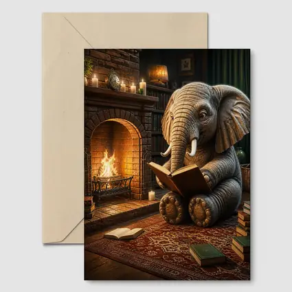 Elephant Reading Book By Cozy Fireplace