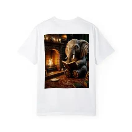 Elephant Reading Book By Cozy Fireplace