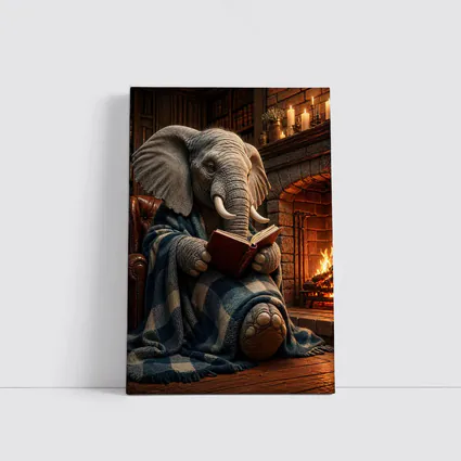 Cozy Elephant Reading Book By Fireplace