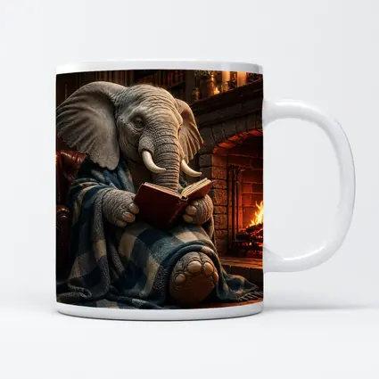 Cozy Elephant Reading Book By Fireplace