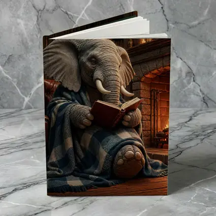 Cozy Elephant Reading Book By Fireplace