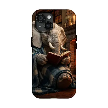 Cozy Elephant Reading Book By Fireplace