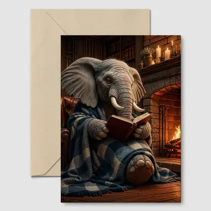 Cozy Elephant Reading Book By Fireplace
