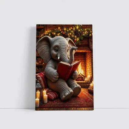 Cozy Elephant Reading Book By Fireplace