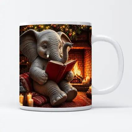 Cozy Elephant Reading Book By Fireplace