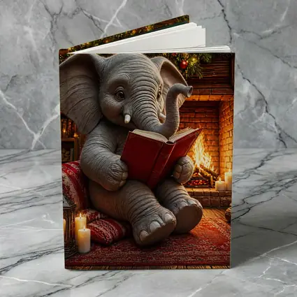 Cozy Elephant Reading Book By Fireplace