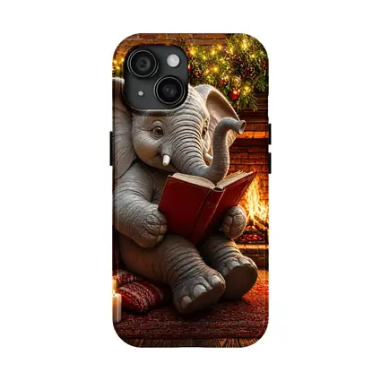 Cozy Elephant Reading Book By Fireplace