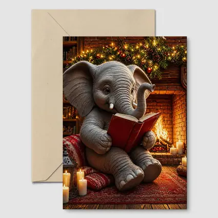 Cozy Elephant Reading Book By Fireplace