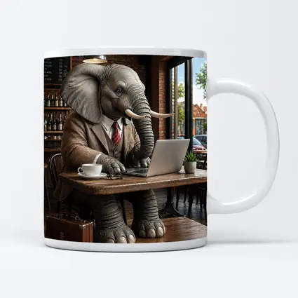 Elephant Businessman Working Laptop Coffee Shop