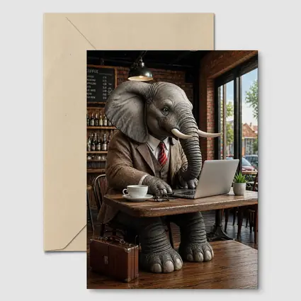 Elephant Businessman Working Laptop Coffee Shop