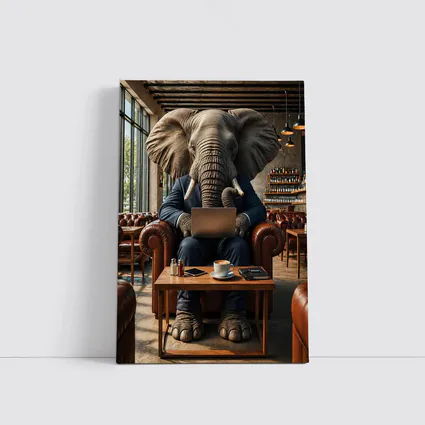 Elephant Businessman Working Laptop Cafe Setting
