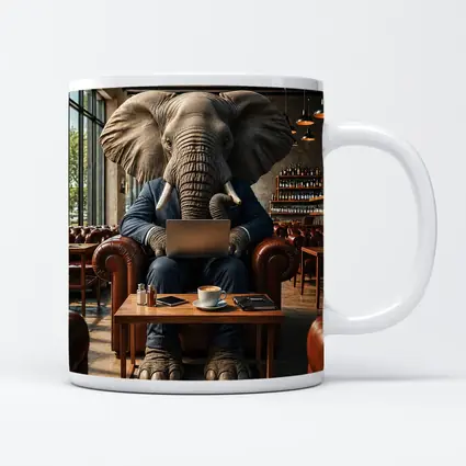 Elephant Businessman Working Laptop Cafe Setting