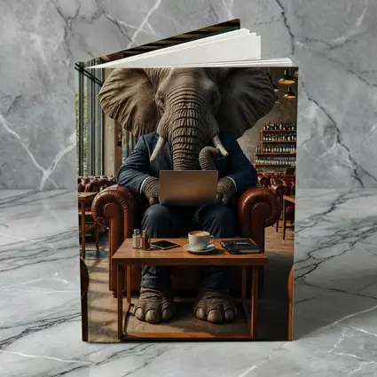 Elephant Businessman Working Laptop Cafe Setting