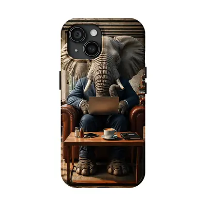 Elephant Businessman Working Laptop Cafe Setting