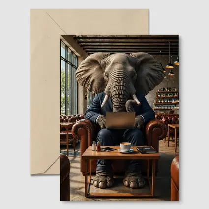 Elephant Businessman Working Laptop Cafe Setting